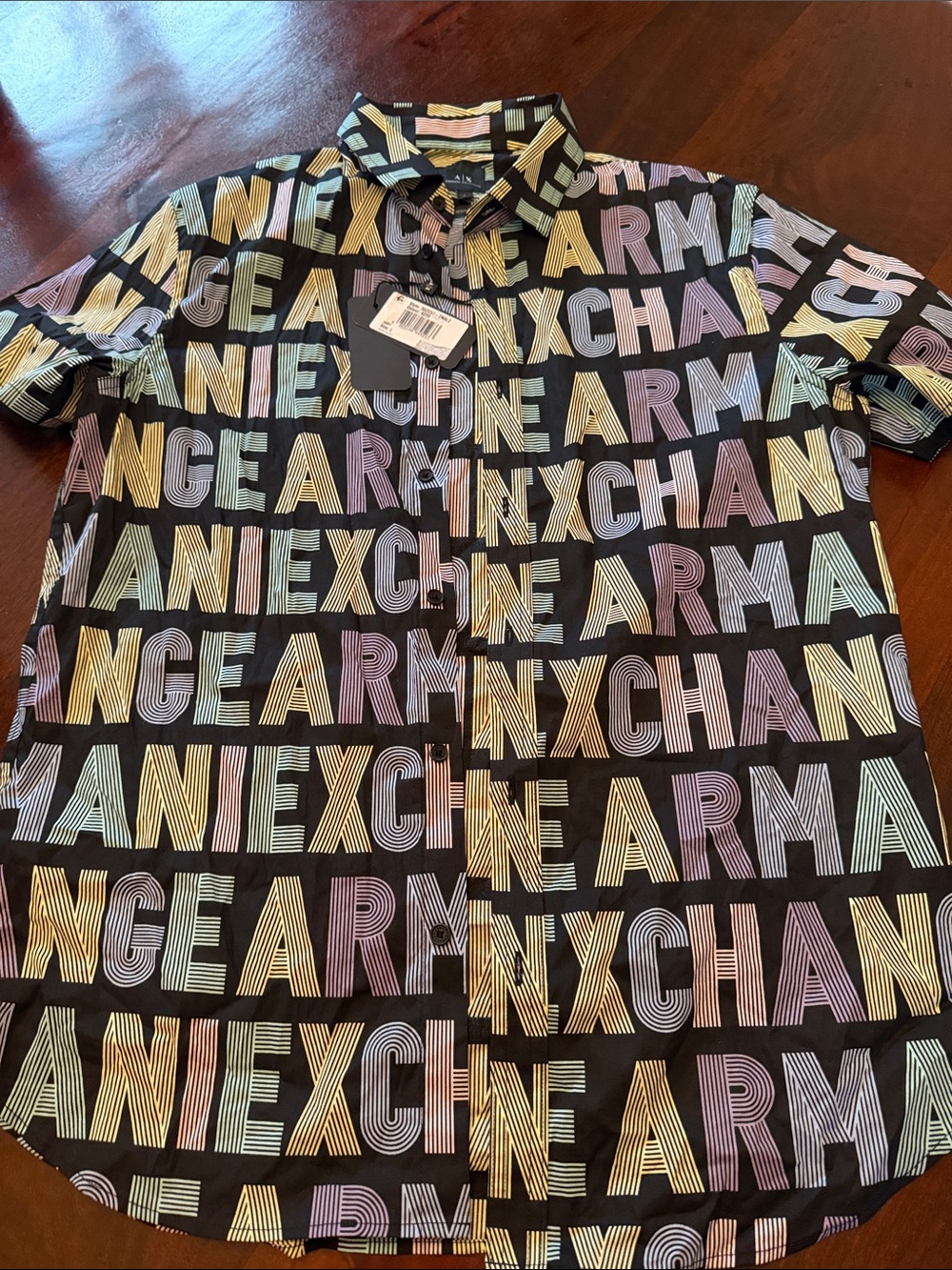 Armani Exchange Black Short-Sleeve Button-Down Shirt with Multicolor Logo Print